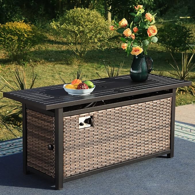 Sophia &amp William 56 Inch Gas Fire Pit Table Outdoor Rattan Propane Fire Table &amp Fireplace with Fire Glass Lid 50000 BTU Firepits for Outside Patio