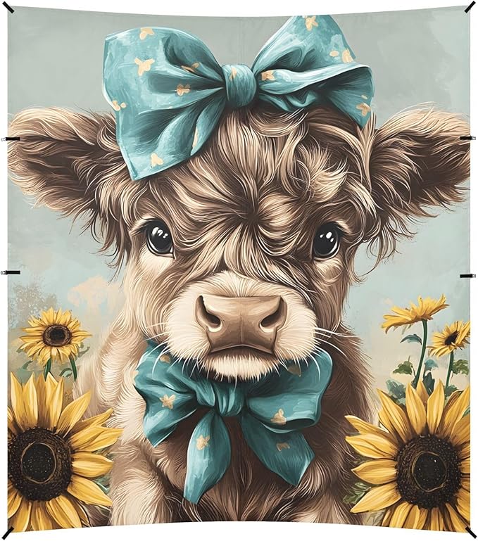 ALAZA Cute Baby Highland Cow Sunflower Bow Beach Tent Sun Shelter Portable Canopy Sunshade for Outdoor Camping Picnics Backyard Fun 10x9 ft