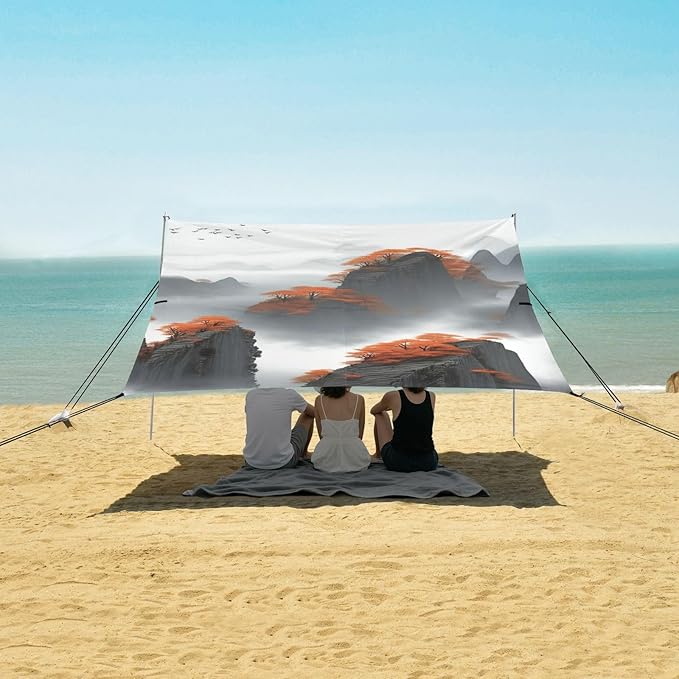 Beach Canopy with Windproof Ropes &amp Sandbags Beach Tent Sun Shade Sun Shelter for Camping Trips Fishing Backyard Fun or Picnics Mountain