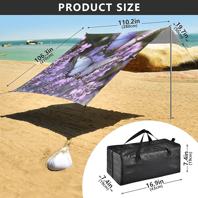 ALAZA Lavender Butterflies Garden Beach Tent Sun Shelter Portable Canopy Sunshade for Outdoor Camping Picnics Backyard Fun 10x9 ft