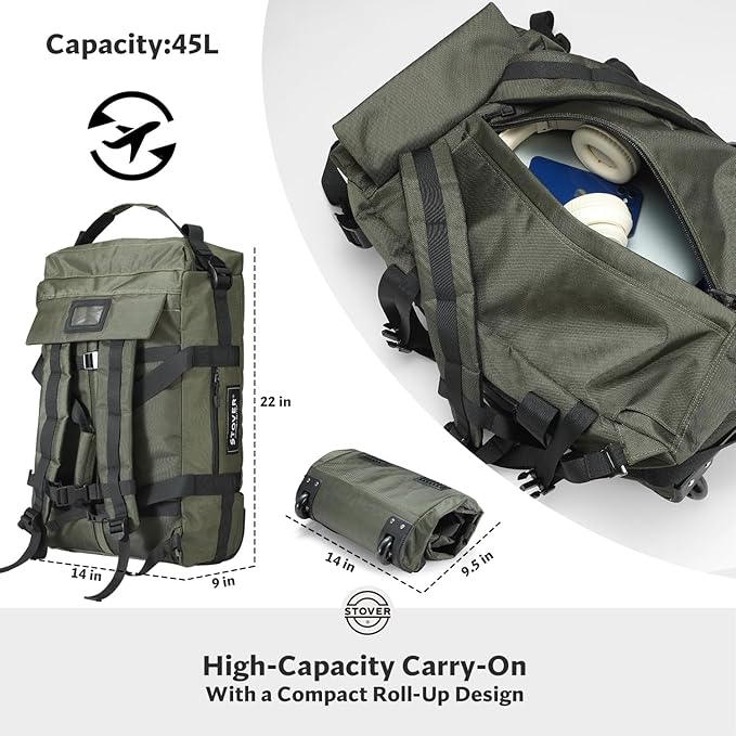 STOVER 45/80/100L Carry-On Rolling Duffel Bag with Wheels Medium Durable Travel Duffle w/Toiletry Bag Packable Foldable with Shoulder Straps- Use as Luggage or Backpack Men/Women (Green)