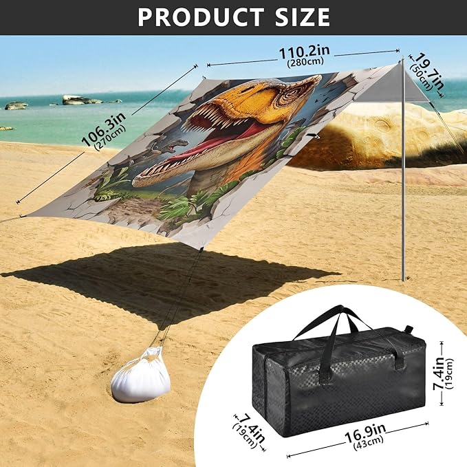 ALAZA 3D Cartoon Dinosaur Wall Hole Beach Tent Sun Shelter Portable Canopy Sunshade for Outdoor Camping Picnics Backyard Fun 10x9 ft