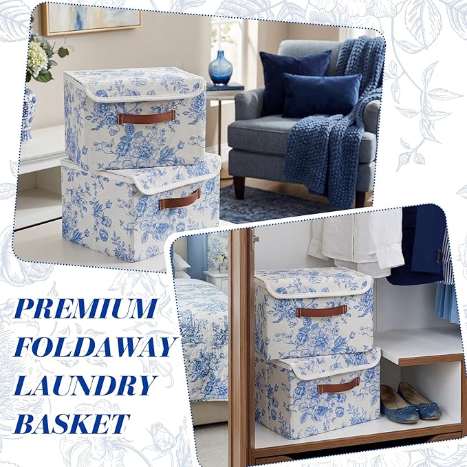2 Pack Blue Floral Storage Bin with Lids Handles Large Blue and White Porcelain Storage Boxes 10x8x7 Inch Foldable Fabric Basket Decorative Cube Organizer for Clothes Nursery Home Dorm