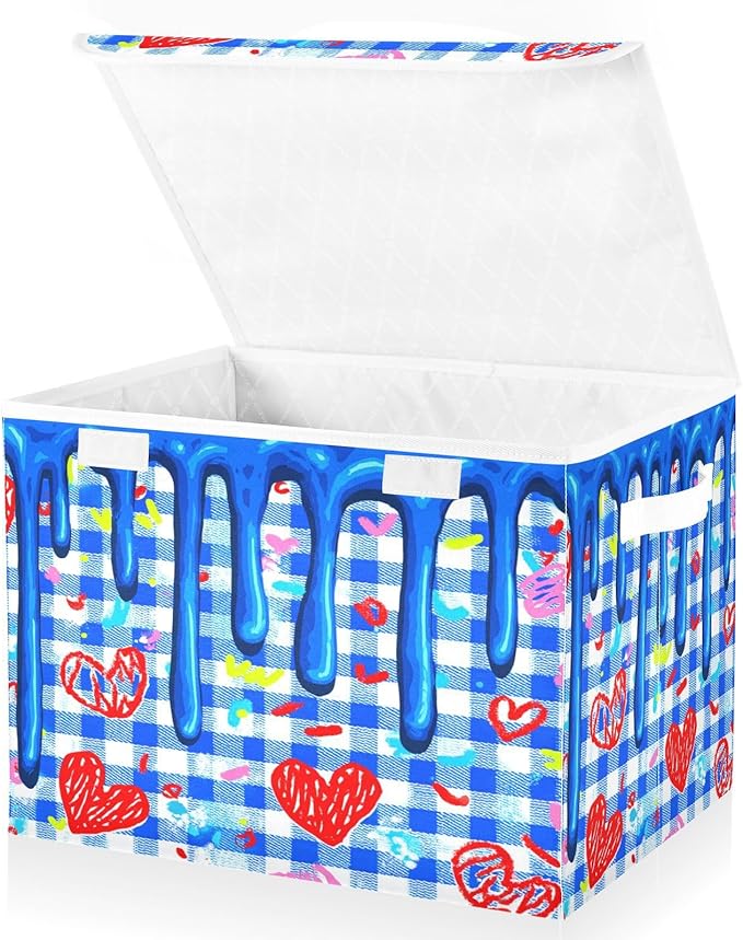 Storage Bins With Lid Stackable Fabric Closet Organizer Clothing Storage Large Boxes For Closet Shelves Bedroom Blue Checks Hearts Meltingicecream Splashes