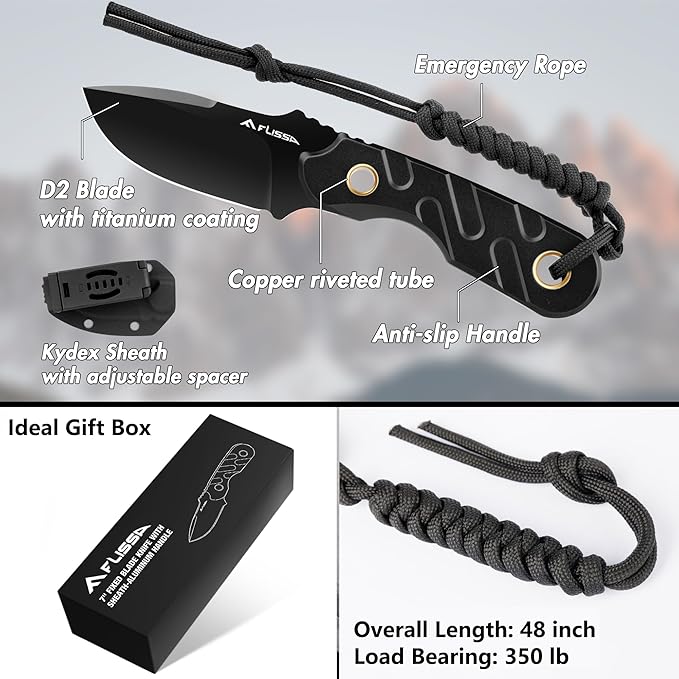 FLISSA Fixed Blade Knife 7 Inch Full Tang Hunting Knife with Kydex Sheath and Emergency Rope Tactical Knife for Survival Camping Hiking(Black) (Pack of 2)