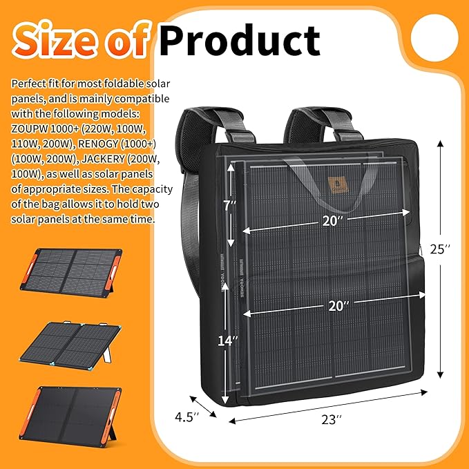 Solar Panel Carrying Case - Waterproof Padded Bag for 100W-220W Foldable Panels Compatible with Jackery/Renogy/ZOUPW Multi-Compartment Organizer with Handle &amp Strap for Camping/RV/Off-Grid