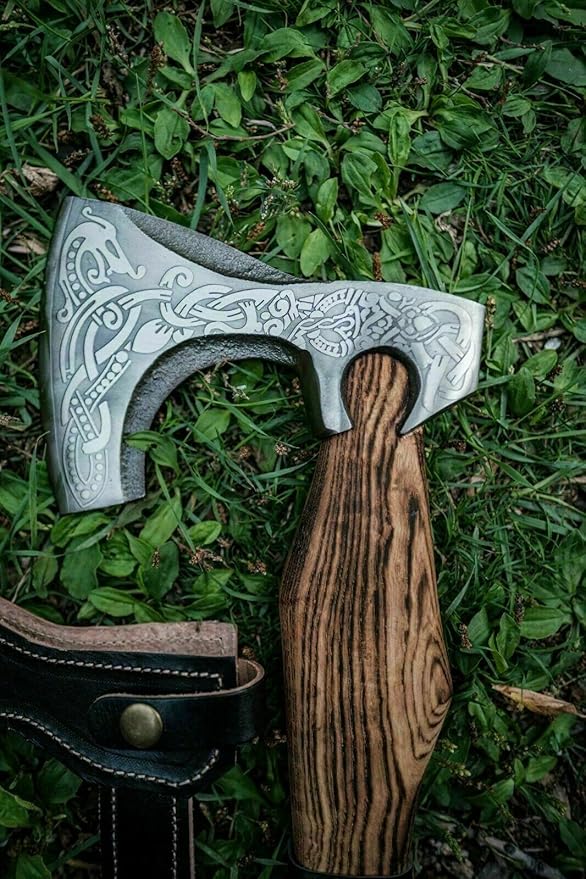Hand-Forged Viking Axe with Carbon Steel Blade – Ash Wood Handle – Norse Inspired Battle Hatchet for Camping Throwing Collecting or Unique Gifting – Handmade Craftsmanship.
