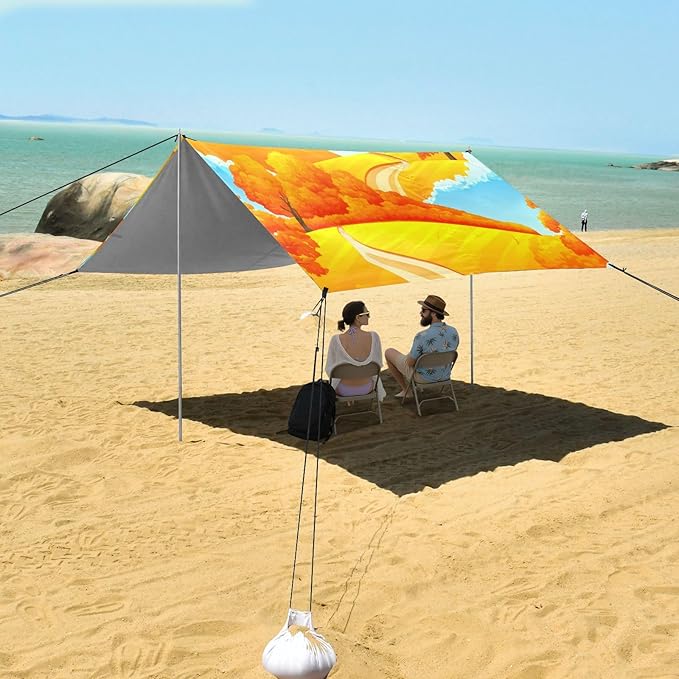 Beach Canopy with Windproof Ropes &amp Sandbags Beach Tent Sun Shade Sun Shelter for Camping Trips Fishing Backyard Fun or Picnics Autumn