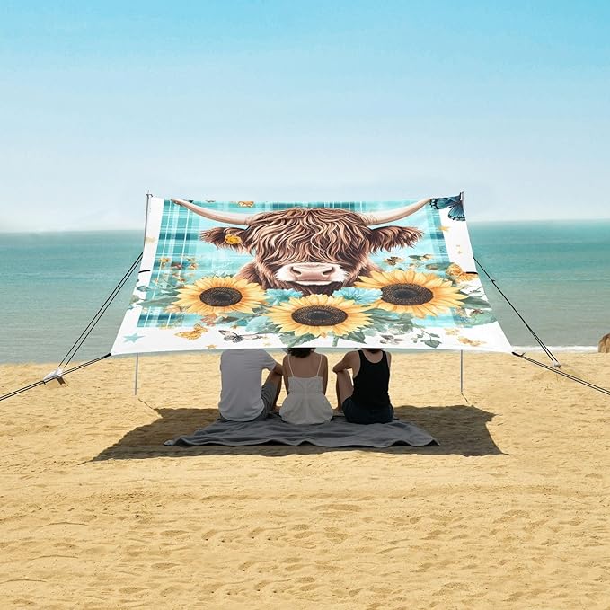 ALAZA Cow Roses Sunflowers Butterfly Beach Tent Sun Shelter Portable Canopy Sunshade for Outdoor Camping Picnics Backyard Fun 10x9 ft
