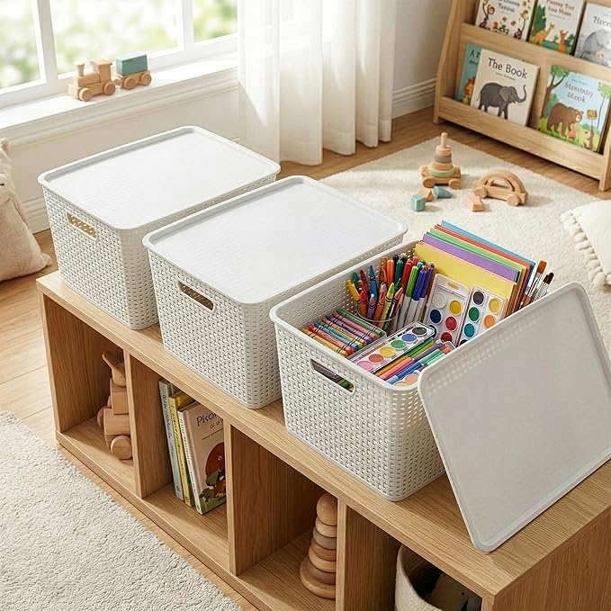 BINO | Plastic Storage Baskets with Lids 45 Liter - 3 Pack White | THE WOVEN COLLECTION | Storage Basket for Shelves | Woven Storage Baskets for Organizing Bins Pantry Shelf Organizer Container Bin