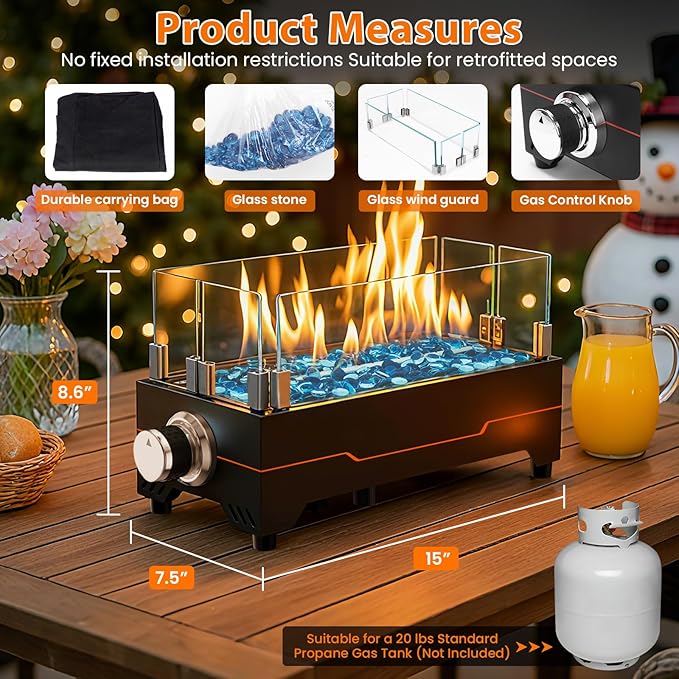 GRISUN Tabletop Fire Pit15 Inch Propane Fire Pit Table30000 BTU Table Top Firepit with Glass Wind GuardStainless Steel BurnerFire GlassPortable Propane fire Pit for Patio Camping Backyard &amp