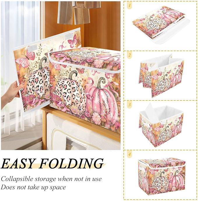 senya Thanksgiving Day Baskets Collapsible Storage Bins with Lids Fall Pink Pumpkin Butterfly Storage Boxes Clothes Baskets for Organizing