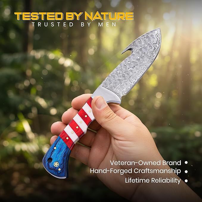 10 Damascus Hunting Knife with Gut Hook Fixed Blade Knife with Sheath American Flag Handle Full Tang Fixed Blade Knife Tactical Survival Knife for Men Damascus Steel Knives Camping Outdoor Field