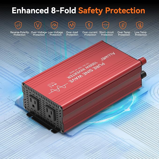 ALLWEI Pure Sine Wave Inverter - 1000 Watt Inverters 12V DC to 110V/120V AC Converter for Home RV Truck Off-Grid Solar Car Power Inverter with 2 Sockets Power Inverters for Vehicles 2000W Peak