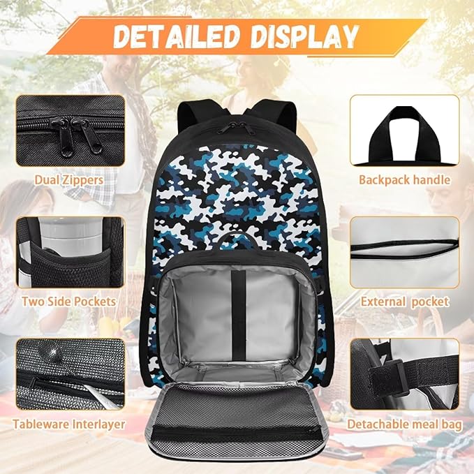 Blue Camouflage Backpack for Men 17 Inch Bookbag with Lunch Box Large Capacity School Bag with Adjustable Shoulder Strap for Outdoor Travel Satchel Bag