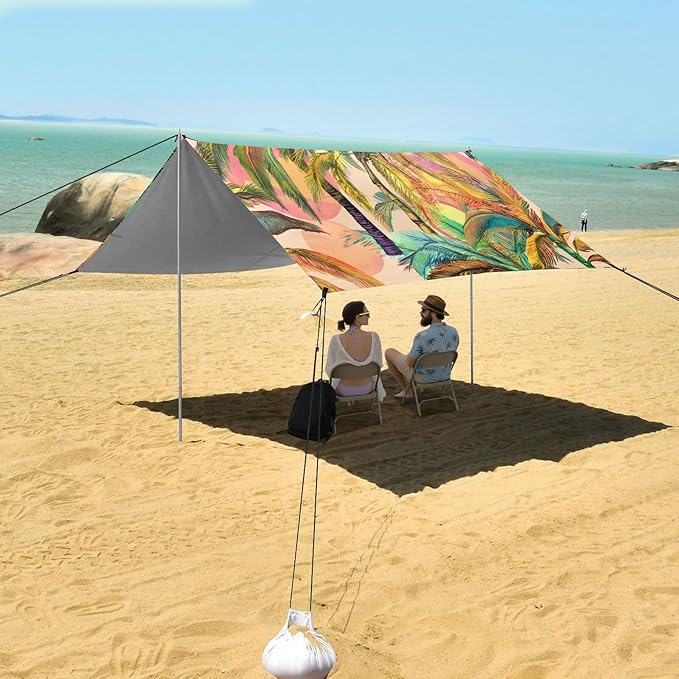 xigua Palm Tree Beach Tent Sun Shelter with Carrying Bag - Silver Coated Oxford Fabric Beach Canopy for Beach Camping Fishing - Includes Windproof Ropes Sandbags &amp Stakes