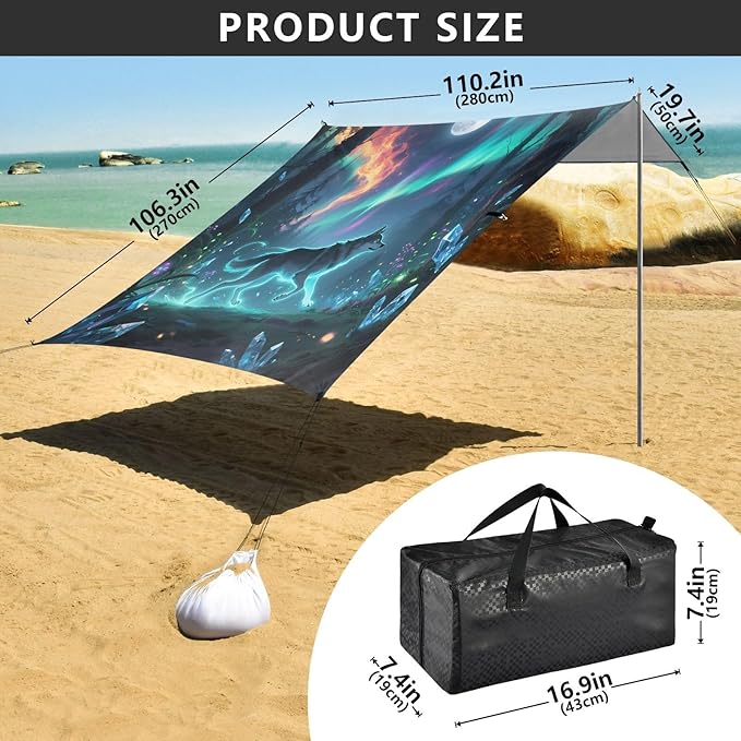 ALAZA Aurora Polar Lights Wolf Beach Tent Sun Shelter UPF50+ Protection Beach Shade Canopy w/ 4 Sandbags for Outdoor Camping Fishing Backyard Fun Picnic 10x9 ft