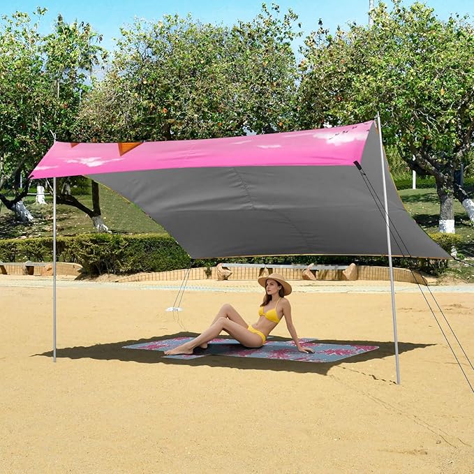 Beach Canopy with Windproof Ropes &amp Sandbags Beach Tent Sun Shade Sun Shelter for Camping Trips Fishing Backyard Fun or Picnics Landscape
