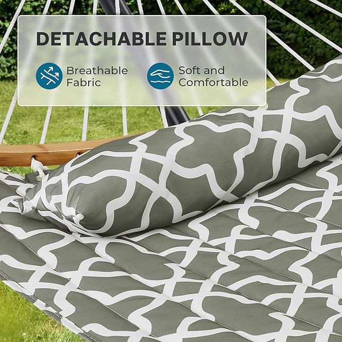 SUPERJARE Hammock with Stand 2 Person Heavy Duty Hammock with Padded Cotton Detachable Pillow &amp Strong Curved-Bar &amp Portable Carrying Bag Perfect for Outdoor &amp Indoor Grey with White F