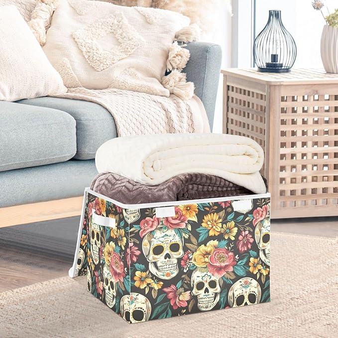 Storage Cube with Lid Mexican Skulls Print 16.5×12.6×11.8 IN Collapsible Large Capacity Foldable Storage Basket Bin Organizer