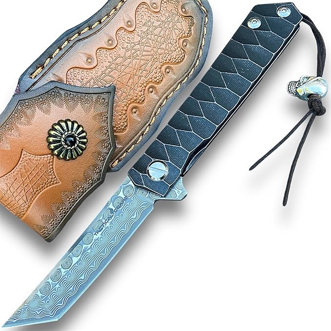 TACTICAL GEARZ Damascus Pocket Folding Knife Solid Titanium Handle 67 Multi Layers Damascus VG10 Steel Tanto Blade (Saint DXT Beast Bundle)