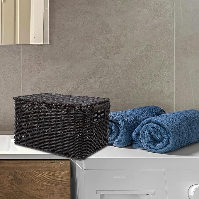 Angoily Lidded Storage Basket 33x22.5x18.5cm Simulated Rattan Woven Closet Organizer Storage Bin for Clothing