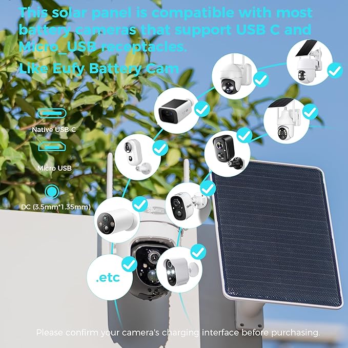 5V 8W Solar Panel for Security Camera For Bird Feeder 4G AOV Trail Cam Ring Tapo Eufy Vicohome Eseecloud Native USB-C Micro-USB &amp DC 3.5mm*1.35mm 23% Conversion 9.8 Ft 180 Days Exchange Po