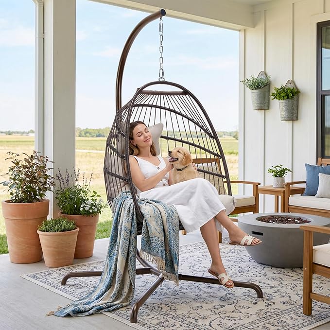 RADIATA Wicker Egg Swing Chair with Stand for Outside Outdoor Comfy Hanging Egg Patio Chairs with Thick Cushion 350Lbs Durable Swinging Rattan Chair for Bedroom Porch Backyard Balcony Brown Tan