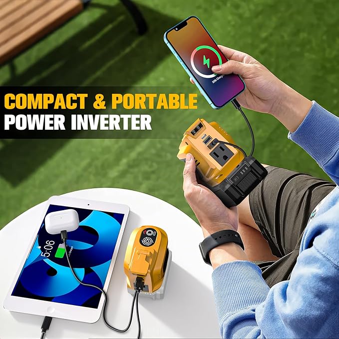 Ecarke 200W Portable Power Inverter Compatible with DeWALT 20V Battery DC 18V to AC 110V Power Station with 1 AC Outlet 2 USB 1 Type-C &amp LED Light for Outdoor Emergency Use (No Battery)(2-Pack