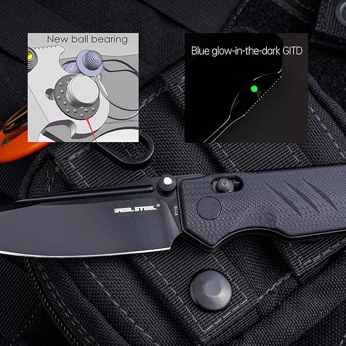 REALSTEEL SACRA Pro Pocket KnifeFolding KnifeCrossbar Lock3.31 Böhler K110 Steel BladeGlow-in-the-dark Thumb Stud Nail NickG10 Handle2.75ozClipEDC Outdoor IndoorGifts for Men Women Camping H