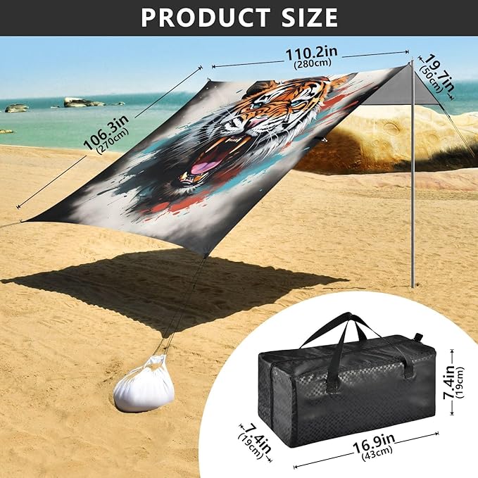 ALAZA Roaring Tiger Watercolor Beach Tent Sun Shelter UPF50+ Protection Beach Shade Canopy w/ 4 Sandbags for Outdoor Camping Fishing Backyard Fun Picnic 10x9 ft