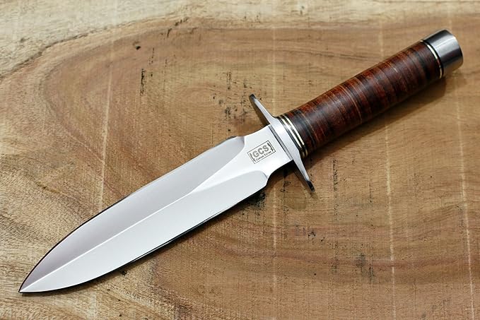 GCS Handmade Stacked Leather Handle D2 Tool Steel Tactical Hunting Knife with leather sheath Full tang blade designed for Hunting &amp EDC GCS 8