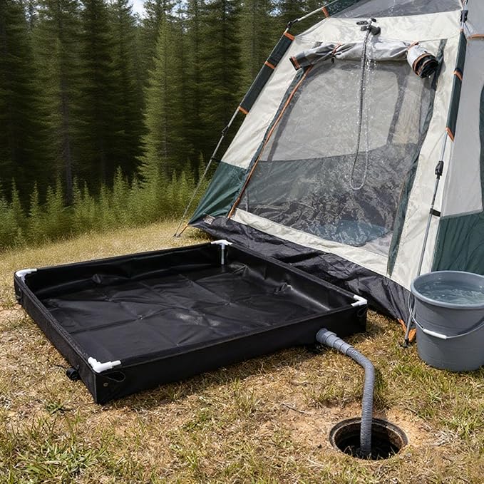 Portable Shower Tray Foldable Camping Shower Base with Drain Plug Pipe PVC Portable Shower Pan for RV Outdoor Camping Garden Cleaning Washing Machine Overflow