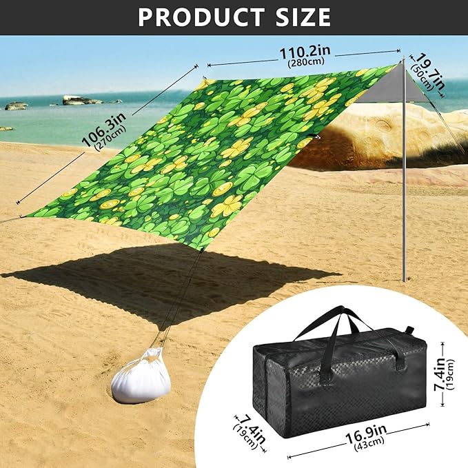 xigua St. Patrick's Day Clover Beach Tent Sun Shelter with Carrying Bag - Silver Coated Oxford Fabric Beach Canopy for Beach Camping Fishing - Includes Windproof Ropes Sandbags &amp Stakes