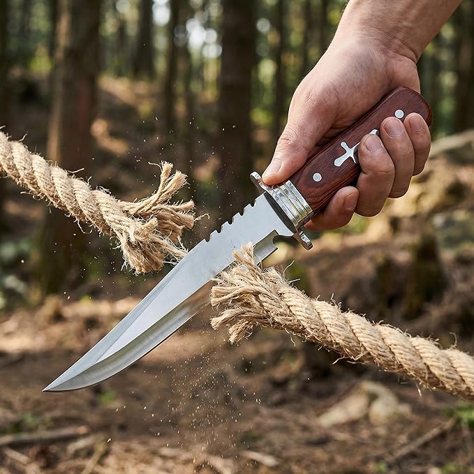 12.7 Fixed Blade Survival Knife with Sheath - Heavy Duty Stainless Steel Bowie Knife for Camping Hunting &amp Bushcraft - Large Solid Wood Handle Outdoor Tool with Sawback