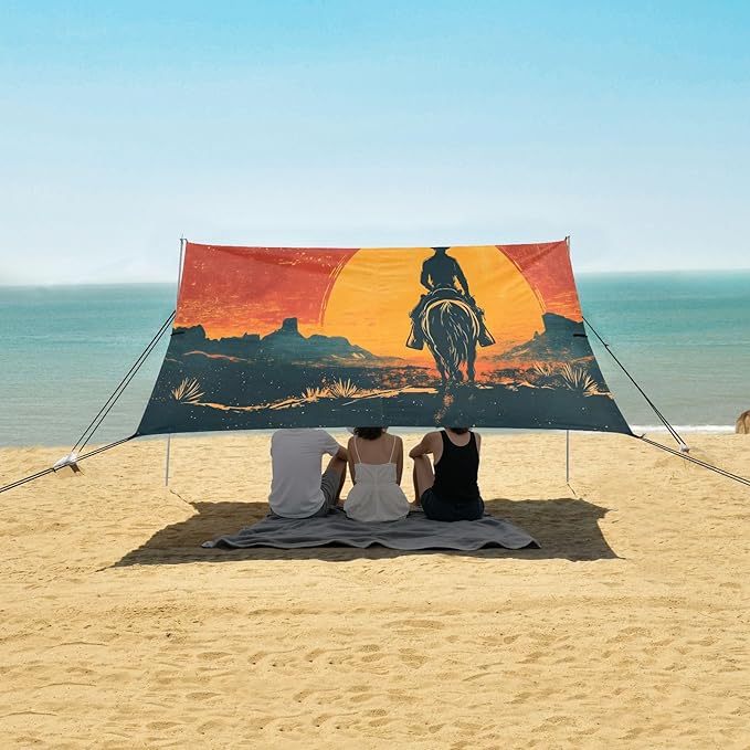 Western Cowboys Under Sunset Beach Tent Sun Shelter Set UPF50+ UV Protection 10.5 x 9.19 FT Camping Shade Canopy with Sandbags Sand Anchors Carrying Bag and Others
