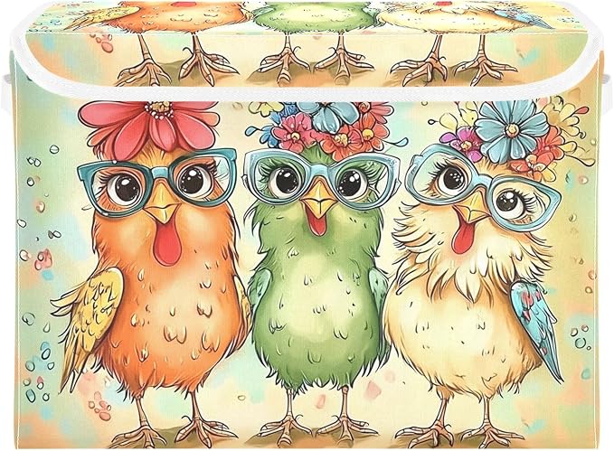 Hen Flowers Chicken Glasses Storage Bins with Lids Foldable Storage Boxes Cube Closet Storage Baskets Container Organizers for Home Bedroom Office