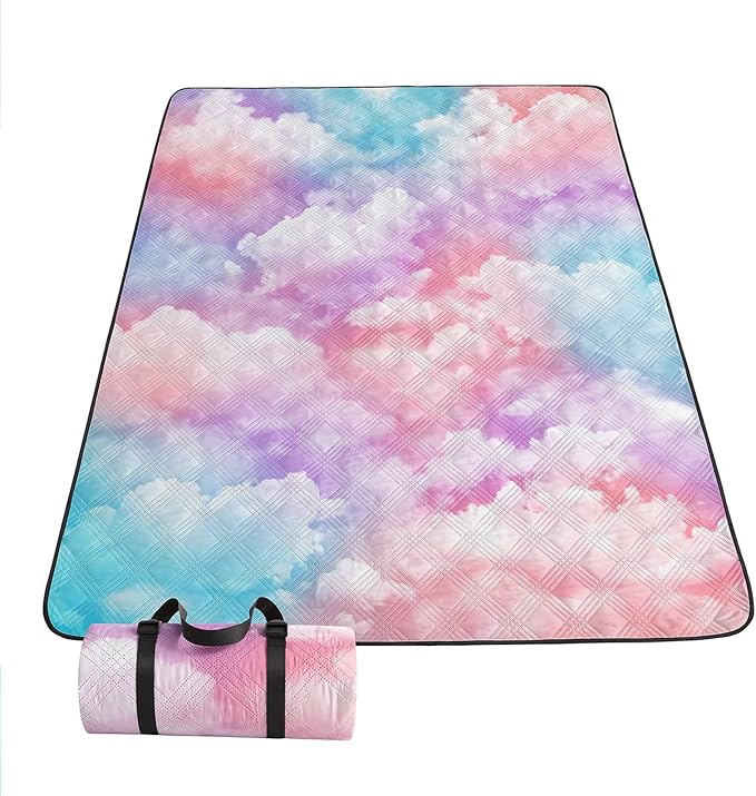 Outdoor Picnic Blanket Portable Ultrasonic Waterproof Picnic Cartoon Clouds Pink Printed Camping Beach Mat for Sand and Wet Grass Hiking (Cartoon Clouds L