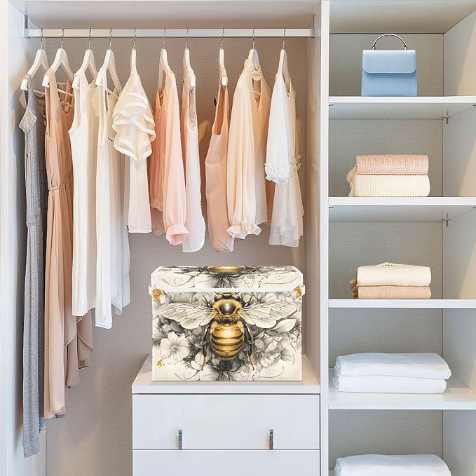 Bee Flower Gold Large Storage Bins with Lid Foldable Storage Cubes Fabric Closet Organizer Containers Box Baskets with Flip-Top Lid for Home Office 16.5” x 12.6” x 11.8”