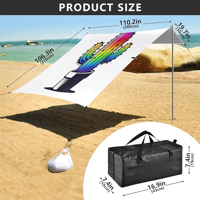 ALAZA Cactus Cacti Rainbow Color Beach Tent Sun Shelter UPF50+ Protection Beach Shade Canopy w/ 4 Sandbags for Outdoor Camping Fishing Backyard Fun Picnic 10x9 ft