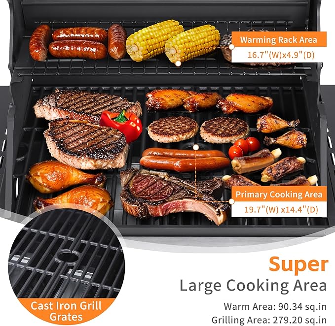3-Burner Propane Gas Grill with 30000 BTU Output - Double-layer Stainless Steel Grill Lid Cast Iron Cooking Grids Easy-Clean Grease Management &amp Even Heat Distribution for Perfect BBQs