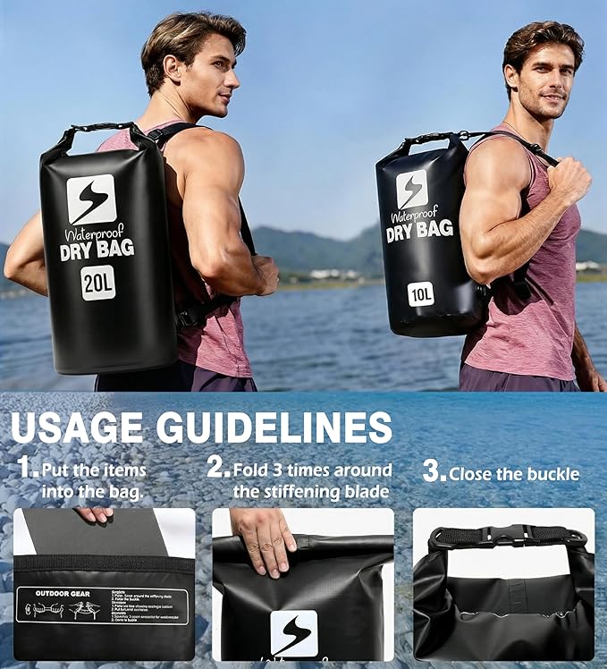 Soulsfeng Waterproof Dry Bag Backpack Roll Top Floating Dry Storage Bag with Phone Case Lightweight Dry Sack for Kayaking Boating Beach Travel Camping 20L Black
