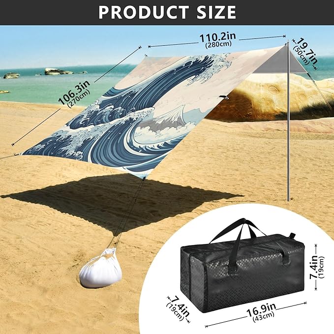 xigua Waves Beach Tent Sun Shelter with Carrying Bag - Silver Coated Oxford Fabric Beach Canopy for Beach Camping Fishing - Includes Windproof Ropes Sandbags &amp Stakes