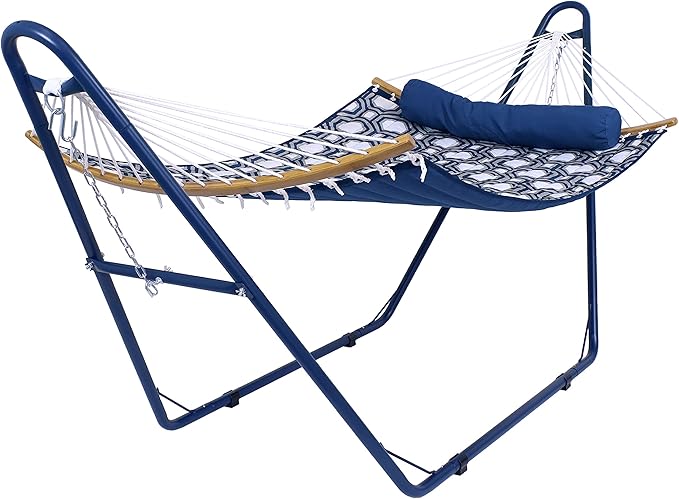 Sunnydaze Curved Spreader Bar Quilted Hammock with Blue Universal Steel Stand - 450-Pound Capacity - Gray and Blue Octagon
