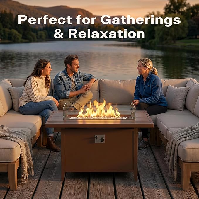 43 Aluminum Propane Fire Pit Table with 55000 BTU Rectangle Outdoor Gas Fire Table with Glass Wind Guard Glass Stones &amp Waterproof Cover Patio Fire Table for Backyard Deck Garden Brown
