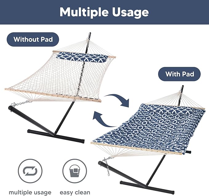 SUNCREAT Double Portable Hammock with Stand Included 475 lbs Capactiy Extra Large Two Person Hammock Blue Pattern
