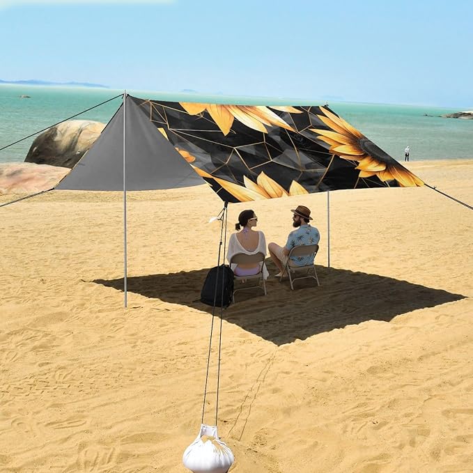 ALAZA Golden Polygonal Shape Watercolor Sunflower on Black Beach Tent Sun Shelter Portable Canopy Sunshade for Outdoor Camping Picnics Backyard Fun 10x9 ft