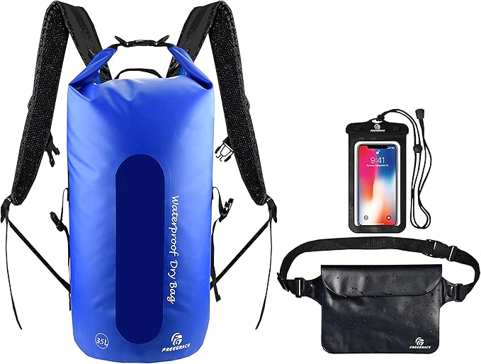 Freegrace Waterproof Dry Bag Set of 3 - Submersible Dry Sack with Double Zip Lock Seals - Includes Waist Pouch &amp Phone Case - Perfect for Kayaking Swimming Boating &amp Rafting (Window Navy Bl