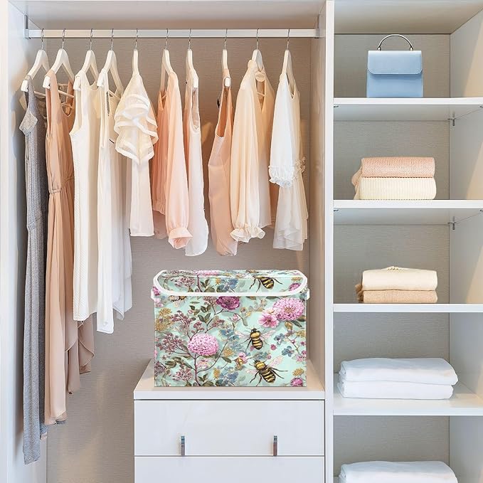 Sage Green Bees and Flowers Collapsible Storage Bins with Lids Decorative Fabric Cubes Closet Organizer Basket Boxes Containers for Clothes Box Chest Folding Rectangle
