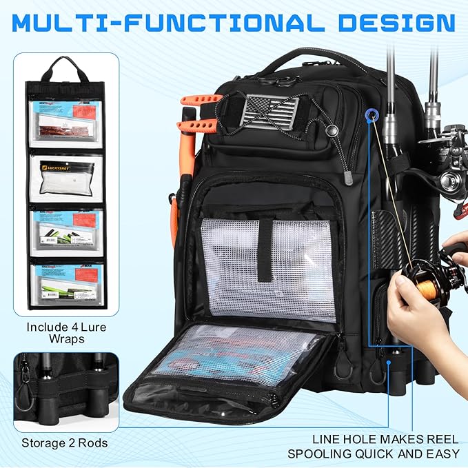 50L Fishing Tackle Backpack with Removable Lure WrapsInclude (4) 3600 Tackle Boxes 2 Rod Holders Storage Fishing Gear and Equipment